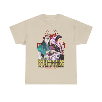 Elevate your style with a luxury beige Hunter x Hunter T-shirt featuring striking illustrations of iconic characters from The Last Mission anime series, radiating a dynamic presence.
