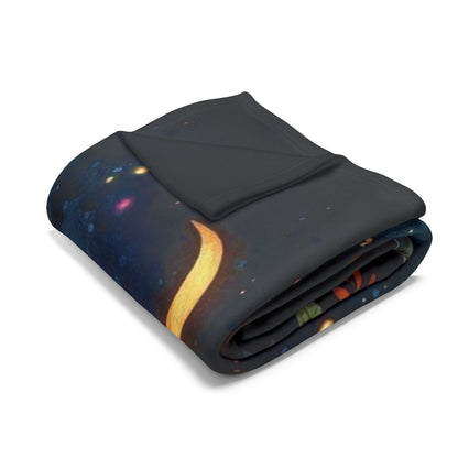 Folded Decorative and Warm Halloween Spooky Arctic Fleece Blanket displaying a captivating artwork with vivid colours against a dark background, showcasing its luxurious fleece quality.