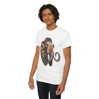 Mammoth Majesty Unisex Graphic Tee - Artistic Cotton T-Shirt worn by a model, highlighting its unique mammoth artwork and premium fit.