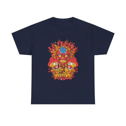 Chic navy men's t-shirt illustrated with an eye-catching sugar skull design, featuring ornate embellishments and a dynamic background, perfect for Day of the Dead festivities.