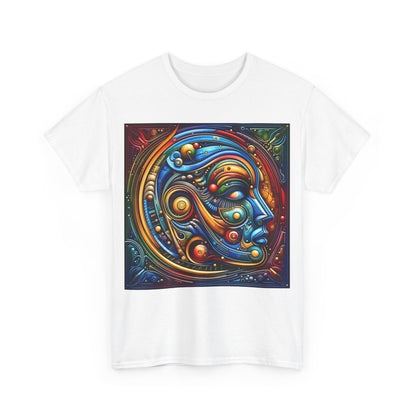 Front view of the exquisite Stained Glass Dreams Unisex T-Shirt, featuring a vibrant and artistic graphic design of a human face in vivid colours.