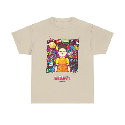 Elegant unisex graphic T-shirt crafted from premium cotton, displaying a striking illustration inspired by a celebrated show, complete with the intriguing question 'Are you ready?' for a fashionable look.