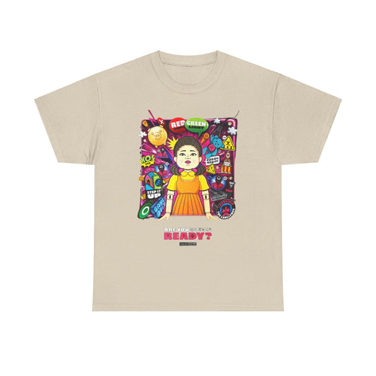 Elegant unisex graphic T-shirt crafted from premium cotton, displaying a striking illustration inspired by a celebrated show, complete with the intriguing question 'Are you ready?' for a fashionable look.