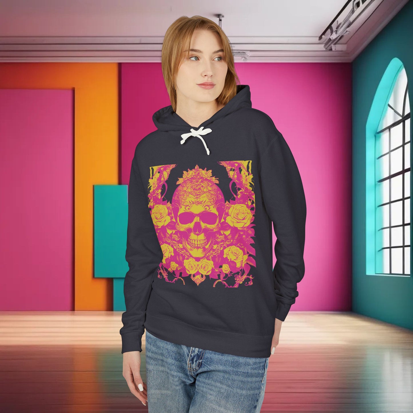 Unisex Lightweight Hooded Sweatshirt unique designer skull and roses