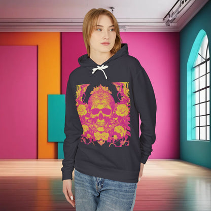 Model presenting a Unisex Lightweight Hooded Sweatshirt in dark navy, adorned with a unique designer skull and roses design, set in a colourful environment.