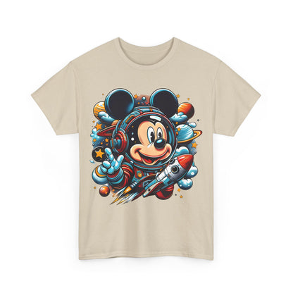 Luxury unisex graphic tee featuring 'Blast Off with Mickey' astronaut design in vibrant colours, showcasing Mickey Mouse in a whimsical space suit with a rocket.