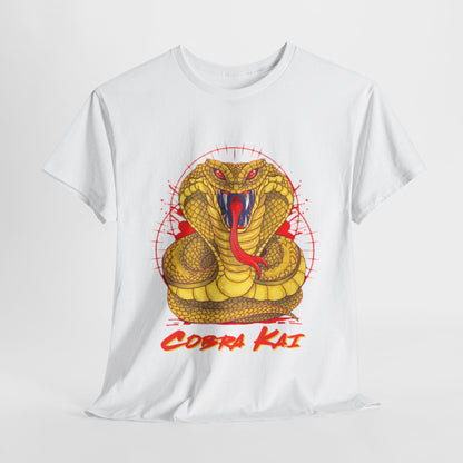 Elegantly designed graphic t-shirt featuring a vibrant yellow Cobra snake illustration against a pristine white fabric background, embodying the spirit of Cobra Kai with a striking red logo. Perfect for martial arts enthusiasts seeking a blend of style and comfort.