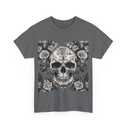 Close-up of the front design of the Skulls and Roses Cotton Tee, Unisex Graphic Shirt featuring intricate skull and rose motif, reflecting a bold statement piece for modern fashion.