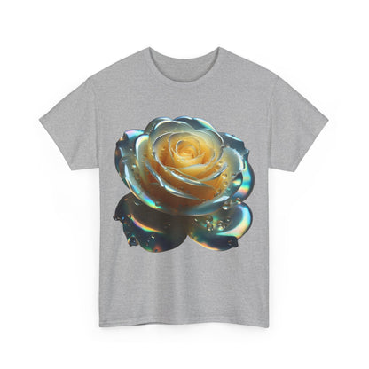 Ethereal Rose Tee Unisex Cotton Graphic T Shirt in grey, featuring a breathtaking close-up of an artistic rose surrounded by iridescent hues.