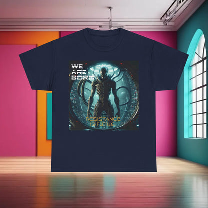 Borg Assimilated Xenomorph Graphic T-Shirt in navy blue featuring an intricate design with 'WE ARE BORG' and 'RESISTANCE IS FUTILE', a statement piece that merges elegance with a bold sci-fi narrative.