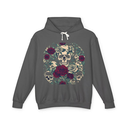 Unisex Lightweight Hooded Sweatshirt featuring unique designer skull and roses in exquisite detail, showcasing an edgy yet elegant style.