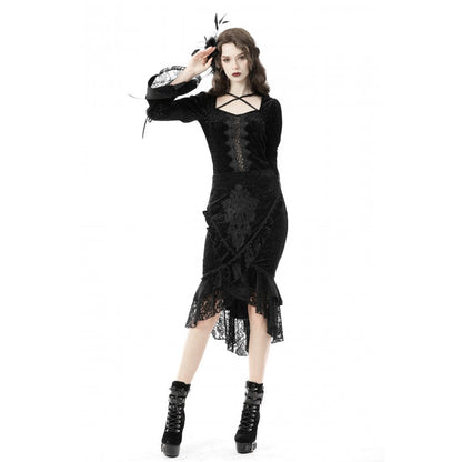 Back view of Dark In Love velvet fishtail skirt highlighting the corset lacing detail, perfect for a sophisticated evening outfit.