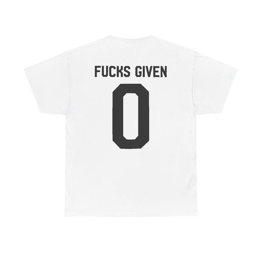 IDGAF Slogan Men’s Women’s Graphic T-Shirt featuring a bold ‘FUCKS GIVEN 0’ print on the back, made from premium cotton for urban street style.