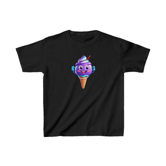Unisex Delighted Ice Cream Graphic Cotton Tee featuring a vibrant, cheerful cartoon ice cream character against a sleek black fabric, perfect for young fashionistas.