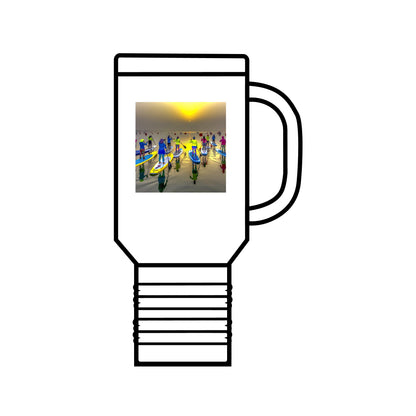 Elegant 40oz Fantasy Paddleboarding Insulated Travel Mug showcasing vibrant paddleboarders, designed for adventure enthusiasts, ensuring beverages stay at the perfect temperature.