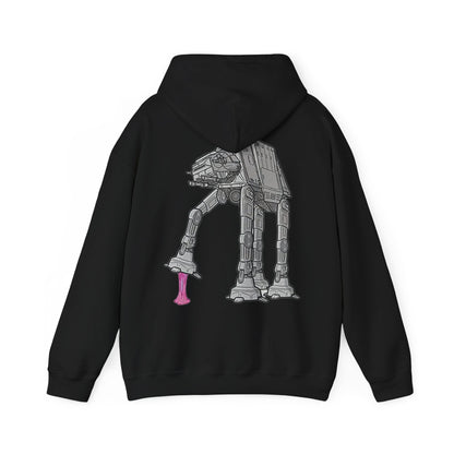 Dynamic Back Print Hoodie featuring Rebel Gum Star Wars AT-AT with Pink Gum, showcasing a striking grayscale design of the iconic AT-AT vehicle with vibrant pink gum accents, perfect for stylish comfort.