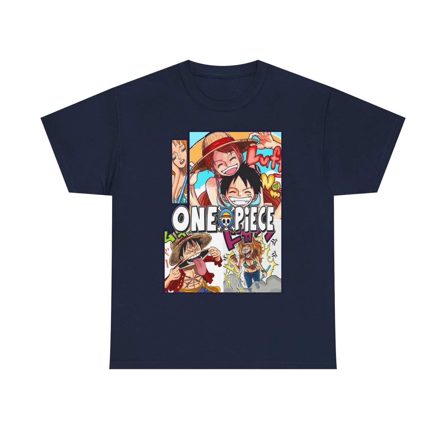 Chic navy One Piece manga-inspired men's t-shirt presenting a captivating collage of beloved characters, tailored for the discerning anime aficionado.