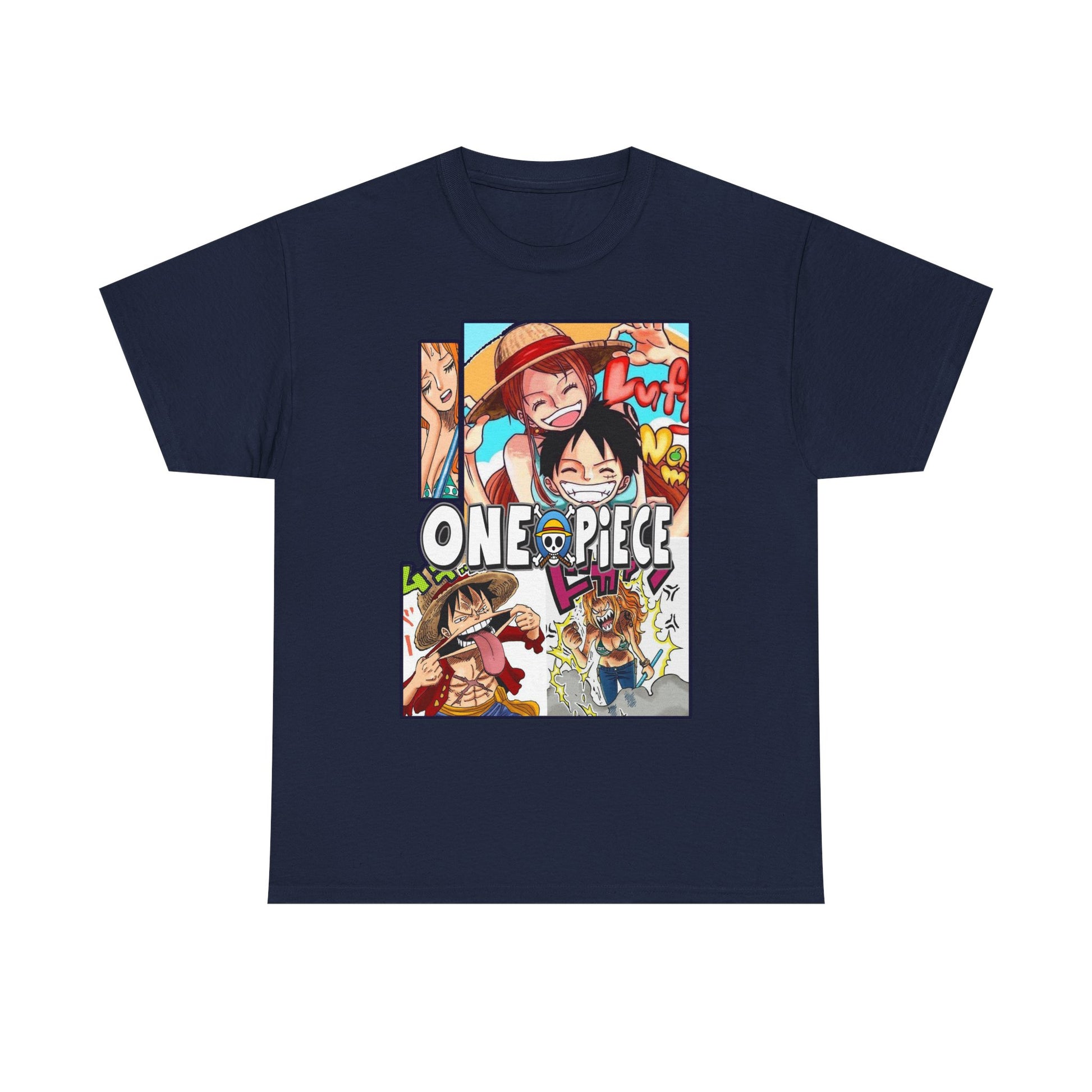 Chic navy One Piece manga-inspired men's t-shirt presenting a captivating collage of beloved characters, tailored for the discerning anime aficionado.
