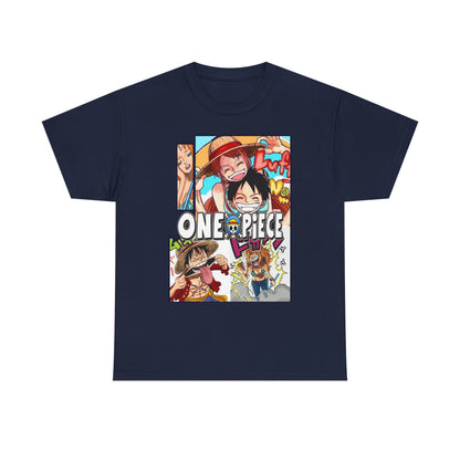 Chic navy One Piece manga-inspired men's t-shirt presenting a captivating collage of beloved characters, tailored for the discerning anime aficionado.