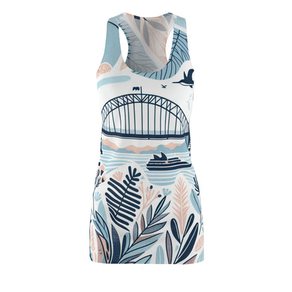 Aurelia Sterling Sydney-Inspired Racerback Dress in pastel hues featuring a unique pattern by Dazzling Dreams Studio, showcasing elegant design elements reminiscent of Sydney's vibrant culture.