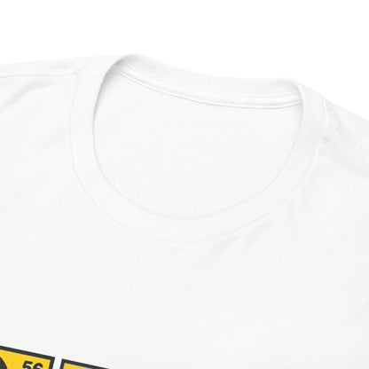 Close-up of the collar of a Men's Funny T-Shirt featuring the Minions Periodic Table Design with Ba, Na, Na elements, showcasing a playful style that's perfect for chemistry lovers. T Shirt, Funny, Minions.