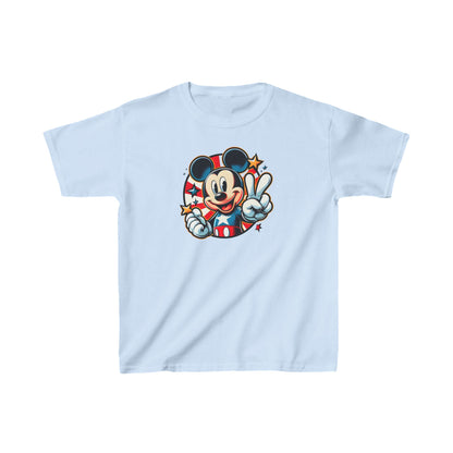 Luxury Child’s Mickey Mouse Pop Art Unisex Graphic Tee Shirt in Light Blue, featuring a stylish Mickey Mouse illustration with a playful peace sign and colourful star motifs.
