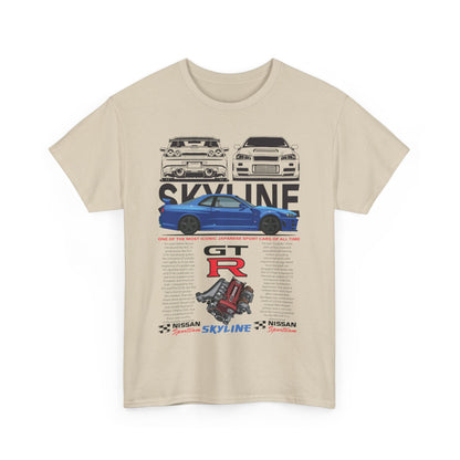 Stylish beige men's T-shirt displaying an artistic graphic of the Nissan Skyline GT-R, highlighting its legendary status among Japanese sports cars.