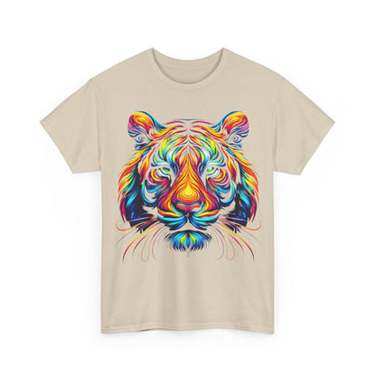 Tiger's Whimsy Graphic Tee - Unisex Artistic Shirt adorned with a colourful tiger head design on a luxurious beige background, capturing the essence of modern artistry.