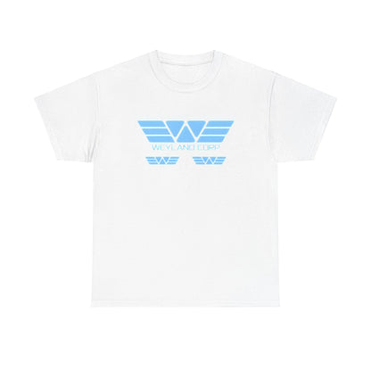 Weyland Corporation Retro Logo Graphic Tee Unisex in white, showcasing a striking sky blue logo that celebrates classic sci-fi aesthetics.