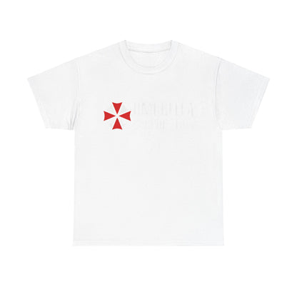 Umbrella Corporation Graphic Unisex Tee Shirt featuring an iconic red and white logo on luxurious white fabric, perfect for fans of Resident Evil.