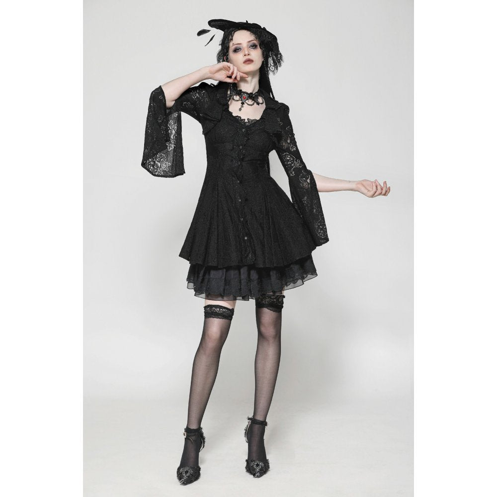 Lifestyle image of a model wearing Dark in Love's Gothic lace dress, beautifully styled for an elegant occasion.