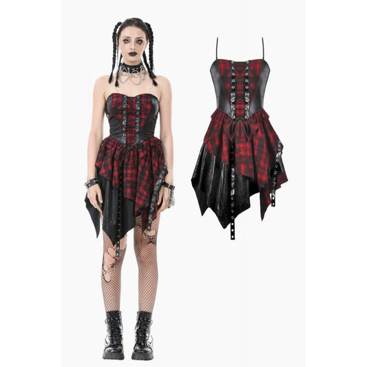 Elegant Dark In Love Red Tartan Corset Punk Dress showcasing the intricate faux leather detailing and bold tartan print on a model, perfect for gothic nights and punk festivals.