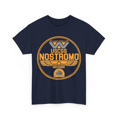 USCSS Nostromo Graphic Unisex Tee Shirt featuring an elegant design with the Nostromo logo on a dark navy background, perfect for sci-fi aficionados seeking luxury fashion.