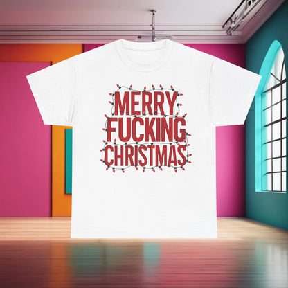 Merry Christmas Graphic T-Shirt Urban Unisex Cotton Tee in white, displaying eye-catching red text and festive Christmas lights, embodying luxury for the festive season.