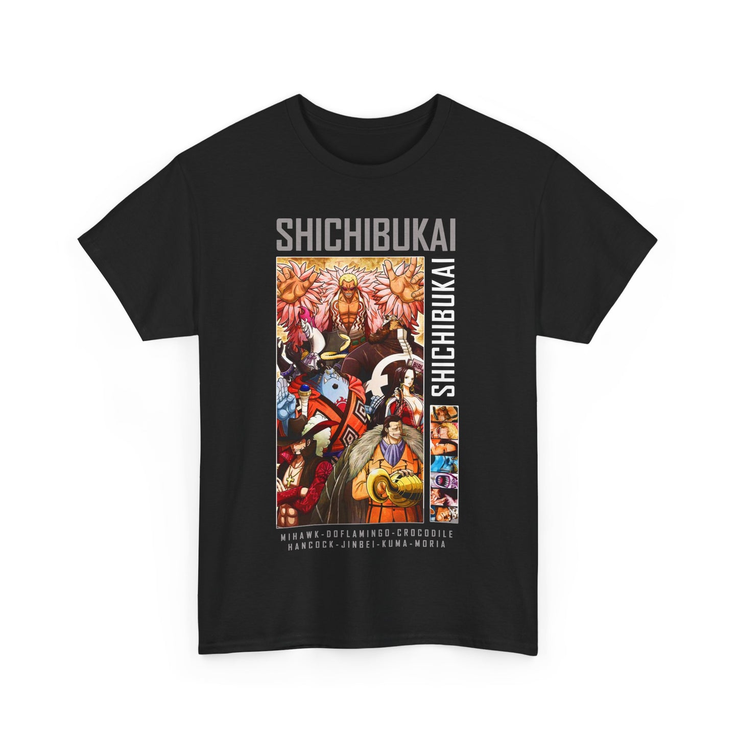 Luxury black t-shirt featuring a vibrant design of the Shichibukai characters from the renowned anime series, adorned with intricate details and vibrant colours, perfect for anime enthusiasts.