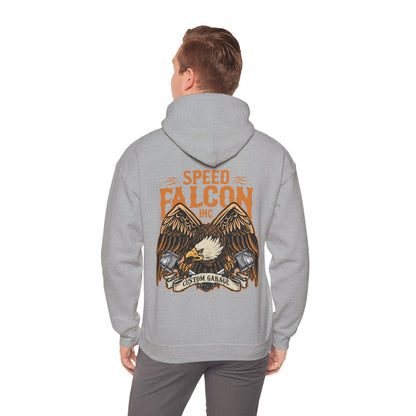 Man wearing a premium grey hoodie featuring intricate eagle graphic and 'Speed Falcon Inc' branding on the back.