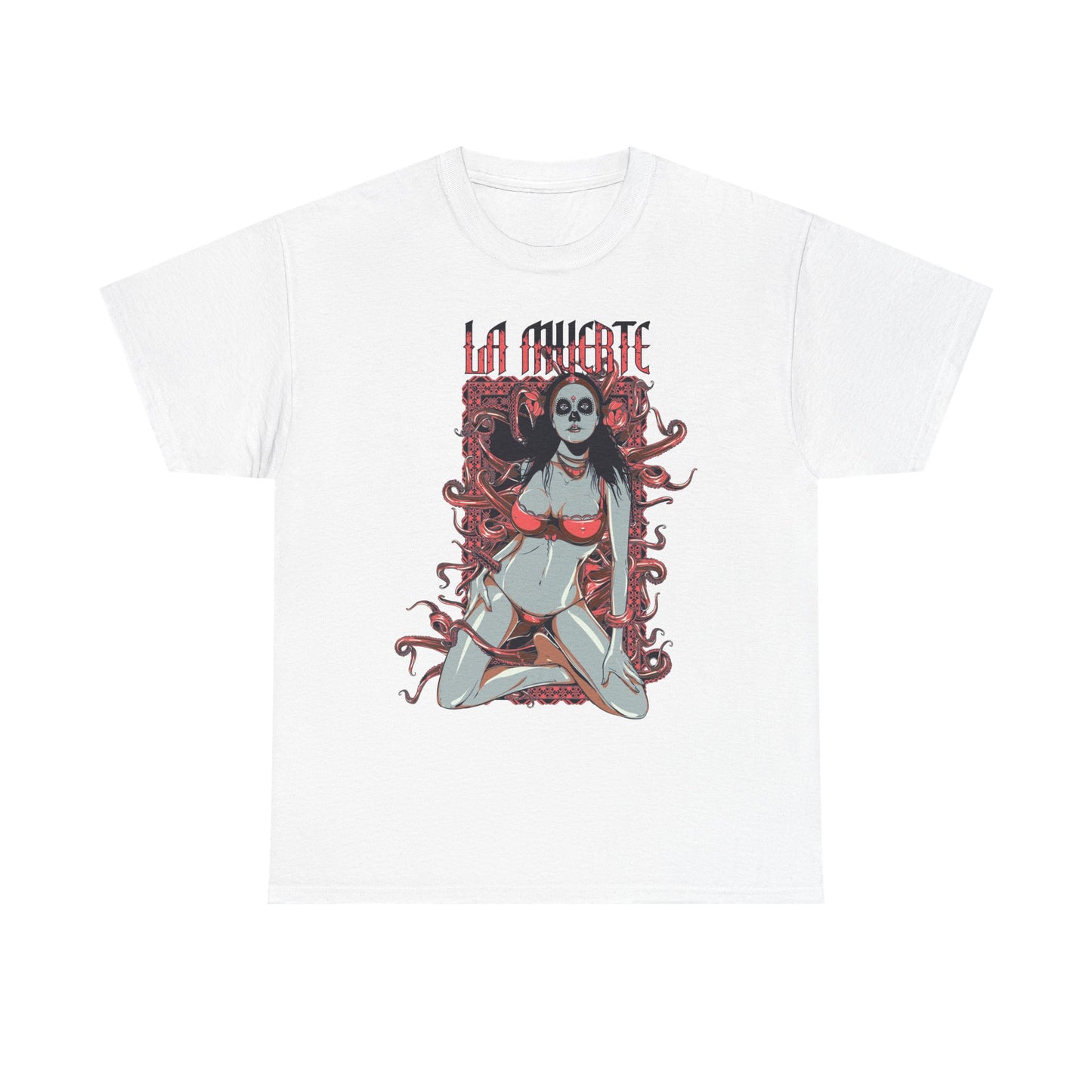 Men's vibrant graphic t-shirt featuring a striking La Muerte sugar skull design with a captivating female figure in red lingerie against intricate vine-like patterns.