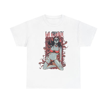 Men's vibrant graphic t-shirt featuring a striking La Muerte sugar skull design with a captivating female figure in red lingerie against intricate vine-like patterns.