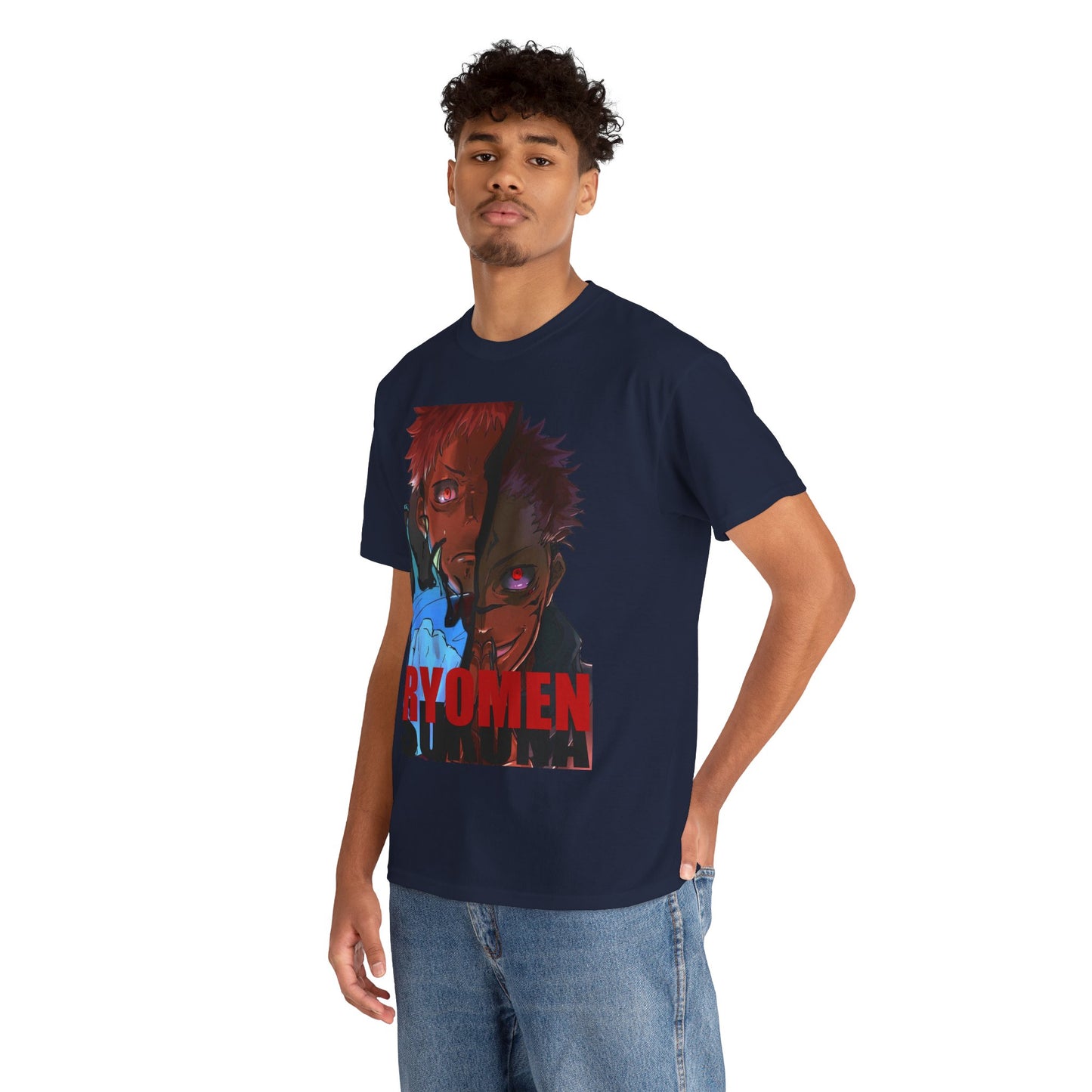 Luxury Ryomen Sukuna anime t-shirt elegantly worn by a model, showcasing vibrant artwork featuring striking character illustrations against a rich navy background.