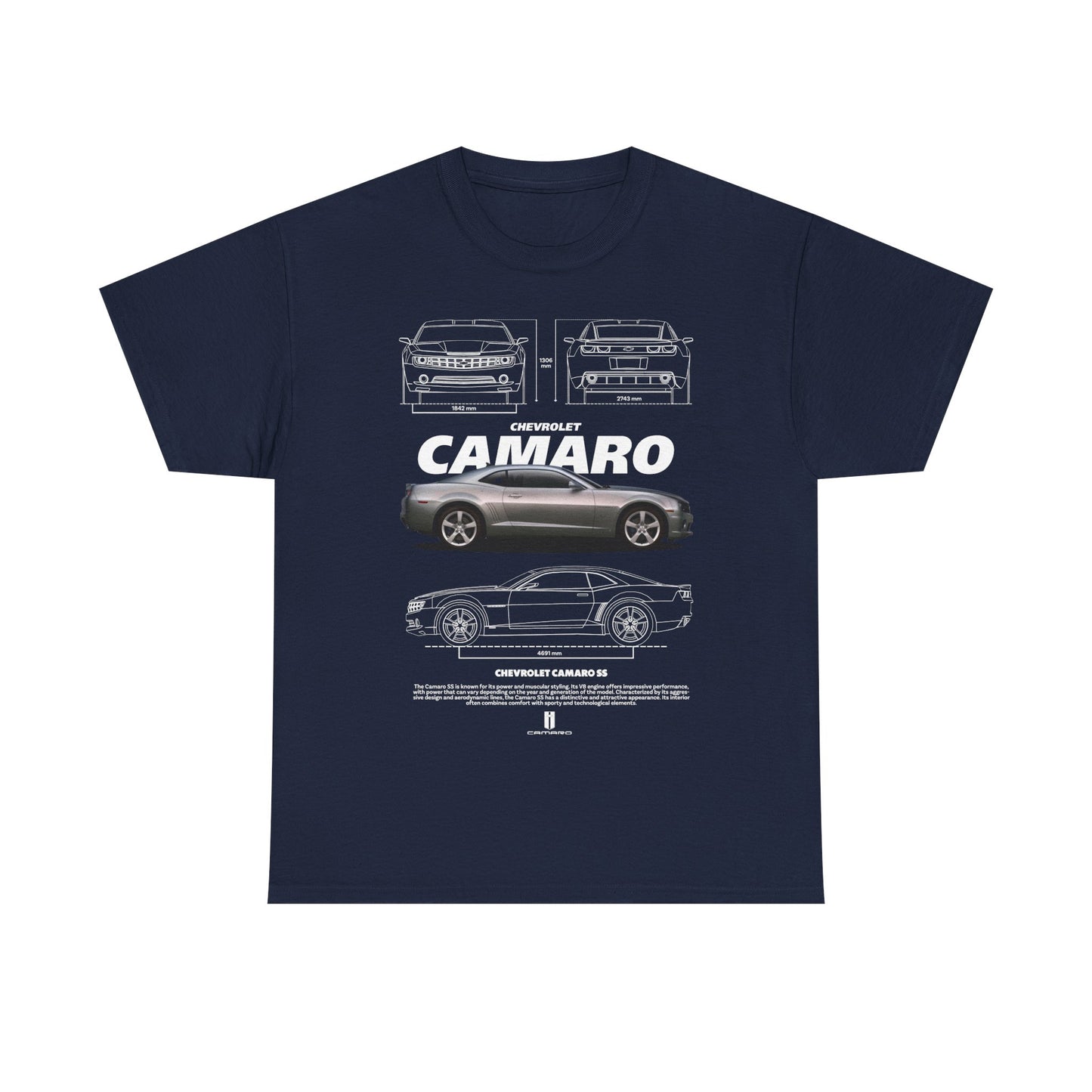 Chic navy blue men's t-shirt with a sophisticated Chevrolet Camaro graphic, offering a stylish representation of the car's dimensions and design, perfect for those with a taste for luxury and cars.