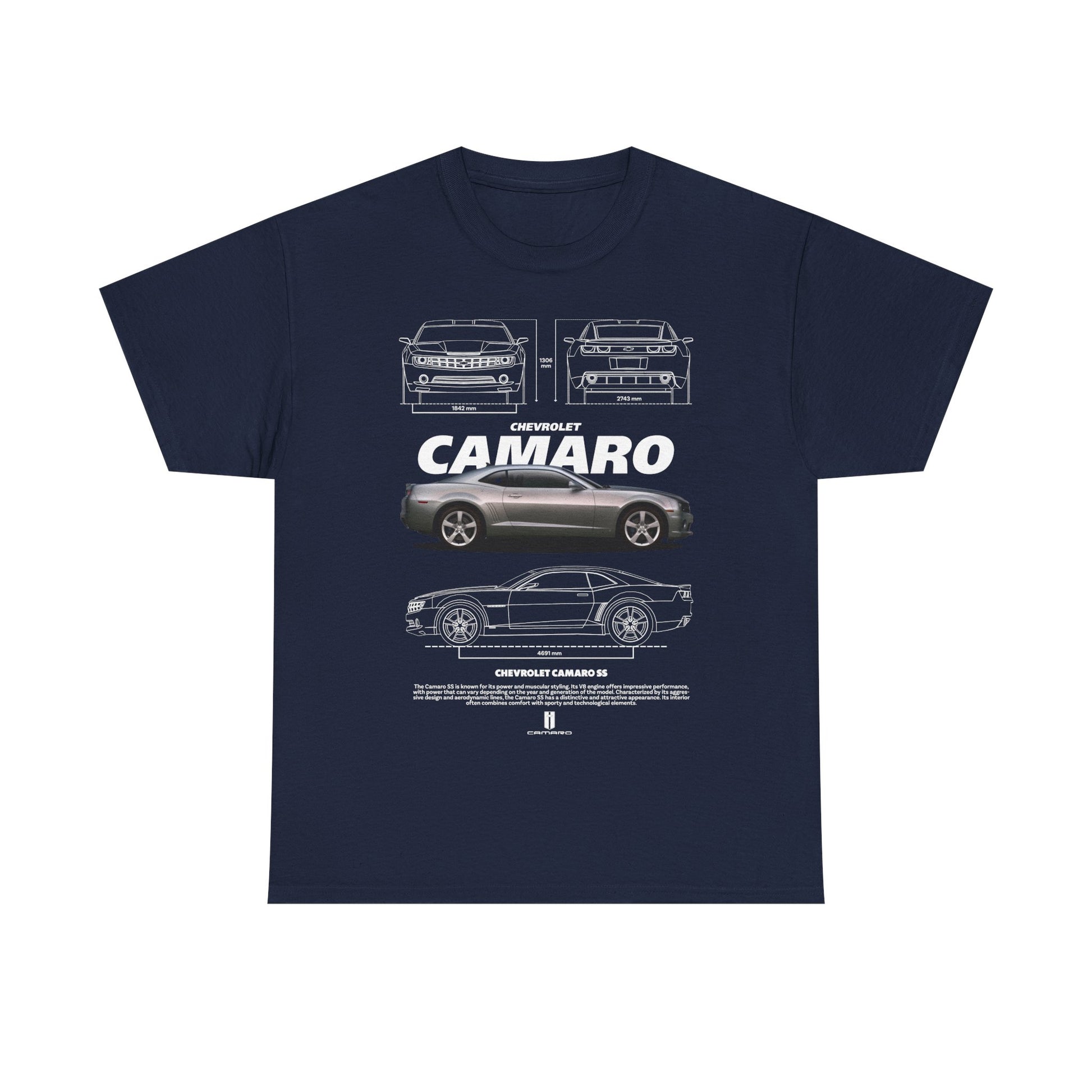 Chic navy blue men's t-shirt with a sophisticated Chevrolet Camaro graphic, offering a stylish representation of the car's dimensions and design, perfect for those with a taste for luxury and cars.