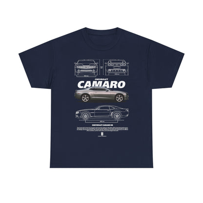 Chic navy blue men's t-shirt with a sophisticated Chevrolet Camaro graphic, offering a stylish representation of the car's dimensions and design, perfect for those with a taste for luxury and cars.