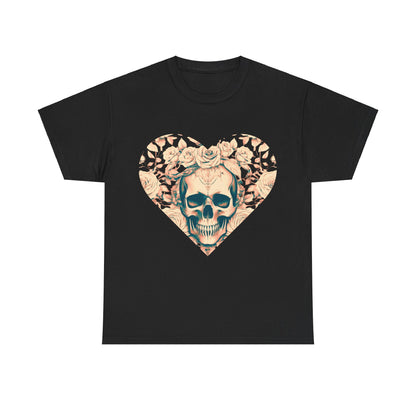 Skulls and Roses Cotton Tee - Unisex Graphic Shirt in black featuring a dramatic skull outlined with floral artistry. A luxurious choice for bold style enthusiasts.