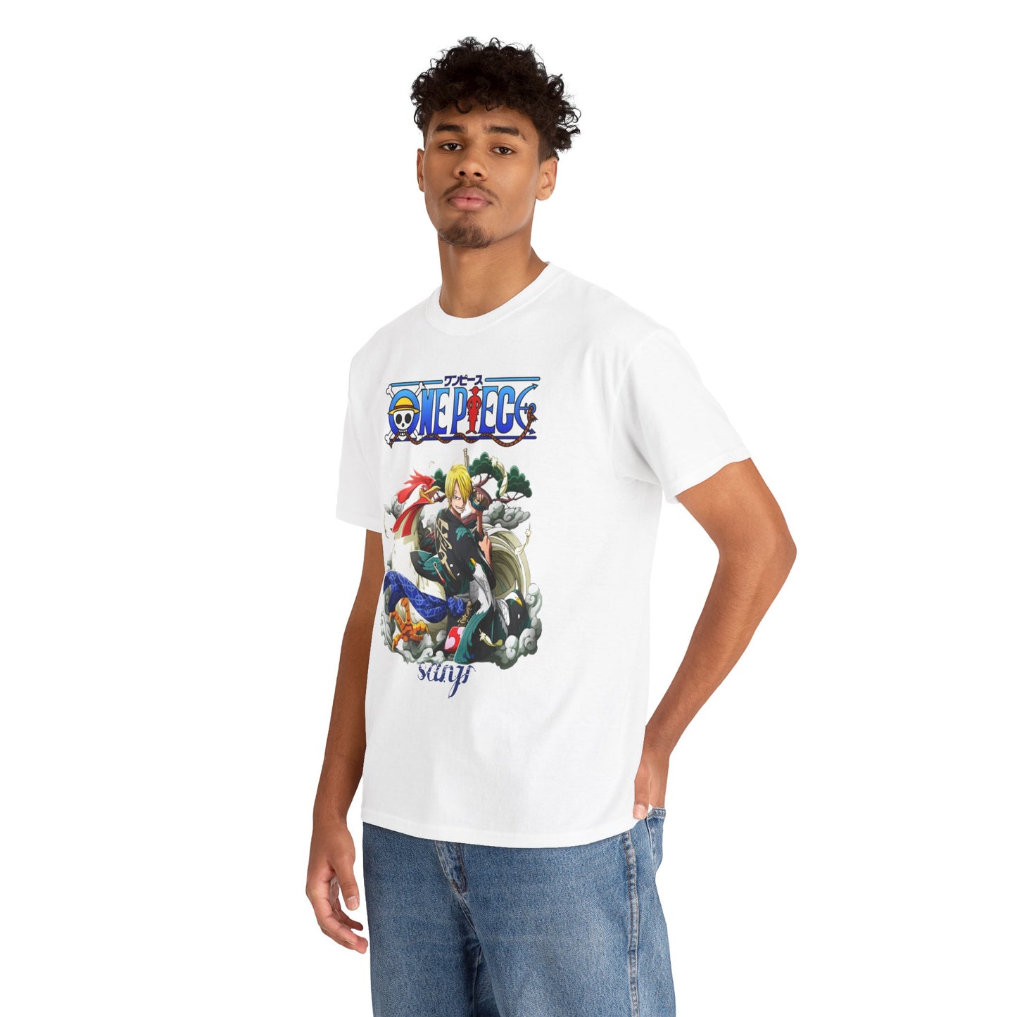 Trendy model showcasing a white t-shirt featuring the exquisite Sanji design from One Piece, epitomising contemporary anime fashion.