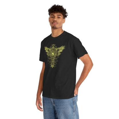 Stylish model showcasing the ornate men's t-shirt with a decorative cross and stylized wings, set against a bright white backdrop, exuding modern elegance.