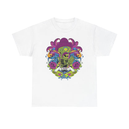 Refined white t-shirt featuring an intricate skeleton design with a purple sombrero, complemented by colourful aquatic elements and floral accents, embodying artful sophistication.