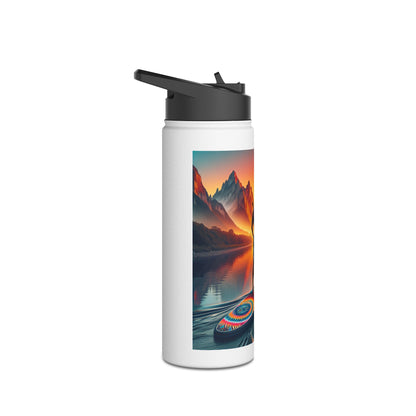 Luxury Fantasy Paddleboarding Stainless Steel Water Bottle featuring a vibrant paddleboard design against a scenic riverside backdrop.
