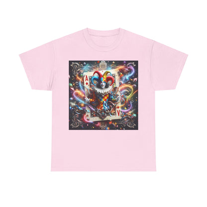 Stylish Harlequin Playing Card Graphic Tee in soft pink, showcasing a unique clown graphic, a perfect blend of fun and luxury for all.