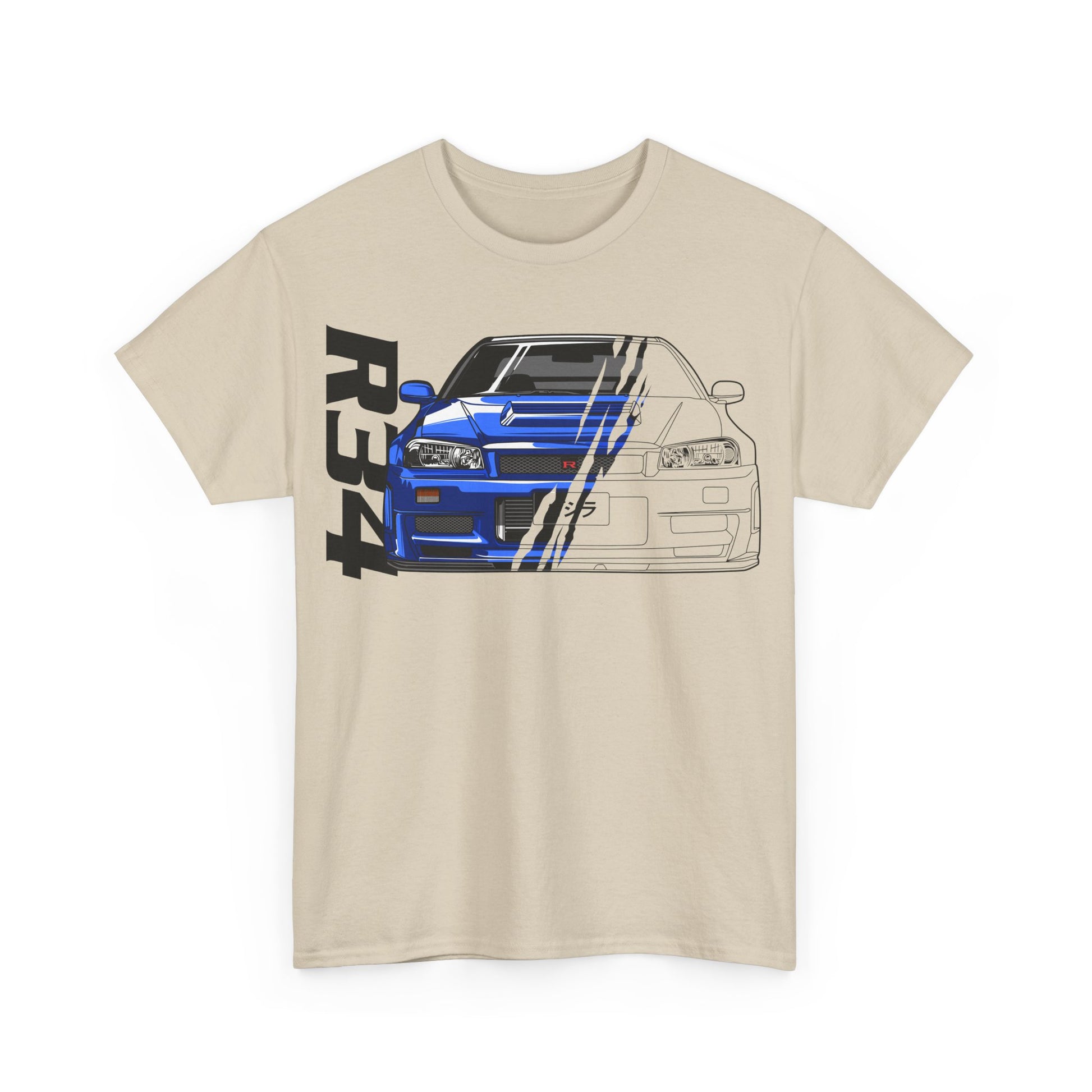 Men's luxury graphic t-shirt showcasing the iconic blue Nissan Skyline GT-R R34, designed with a modern aesthetic and striking details.