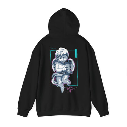 Elegant black hoodie adorned with an intriguing Cherubic Angel design on the back, accentuated by the vibrant 'Teen Spirit' script, perfectly merging artistic allure with luxury comfort.
